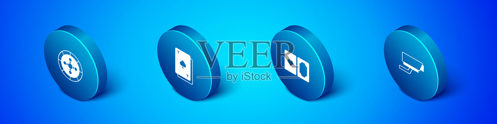 设置等距赌场轮盘赌轮盘，扑克牌，安全摄像头和玩黑桃图标。向量图标素材