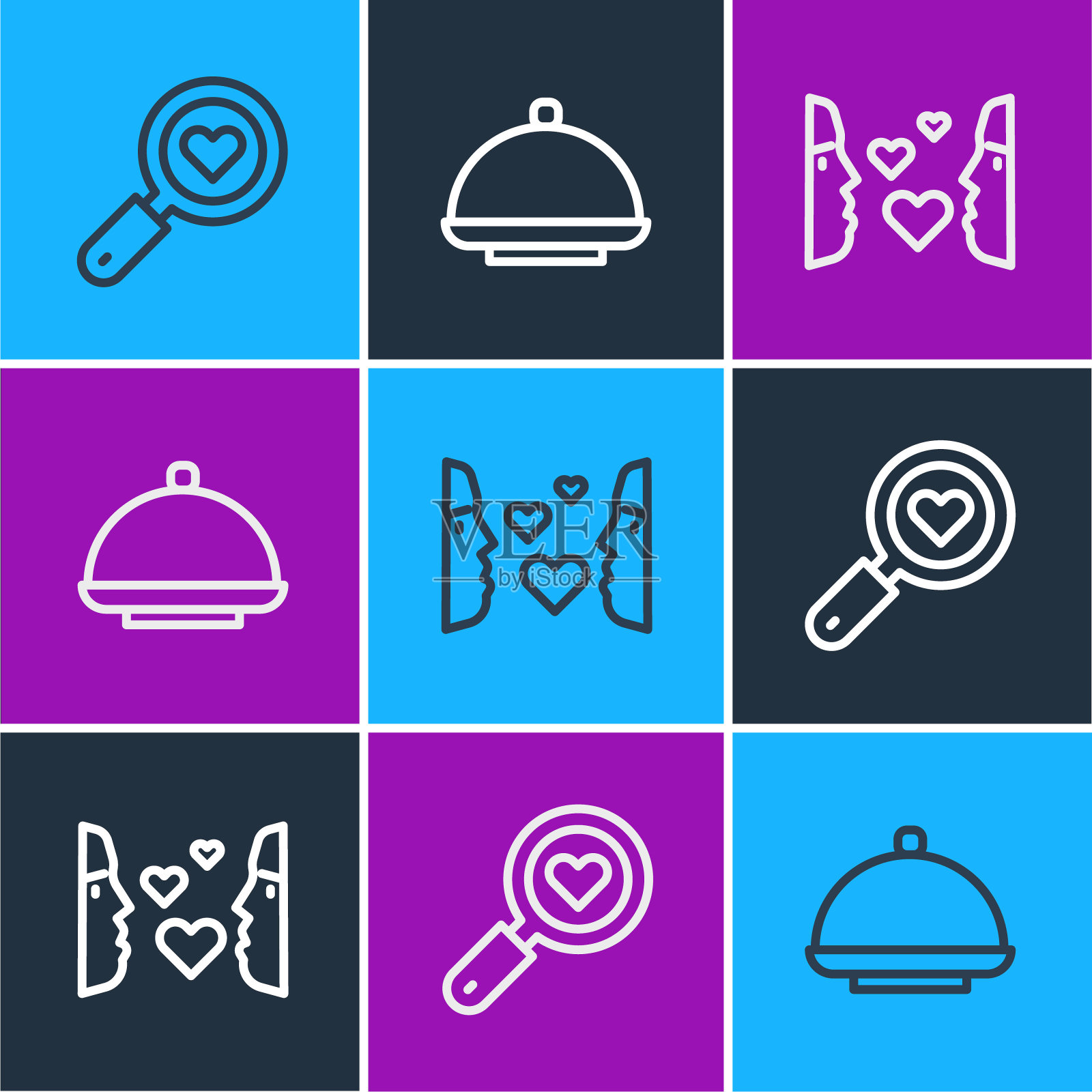 设线寻觅心与爱，一见钟情，布满托盘图标。向量图标素材