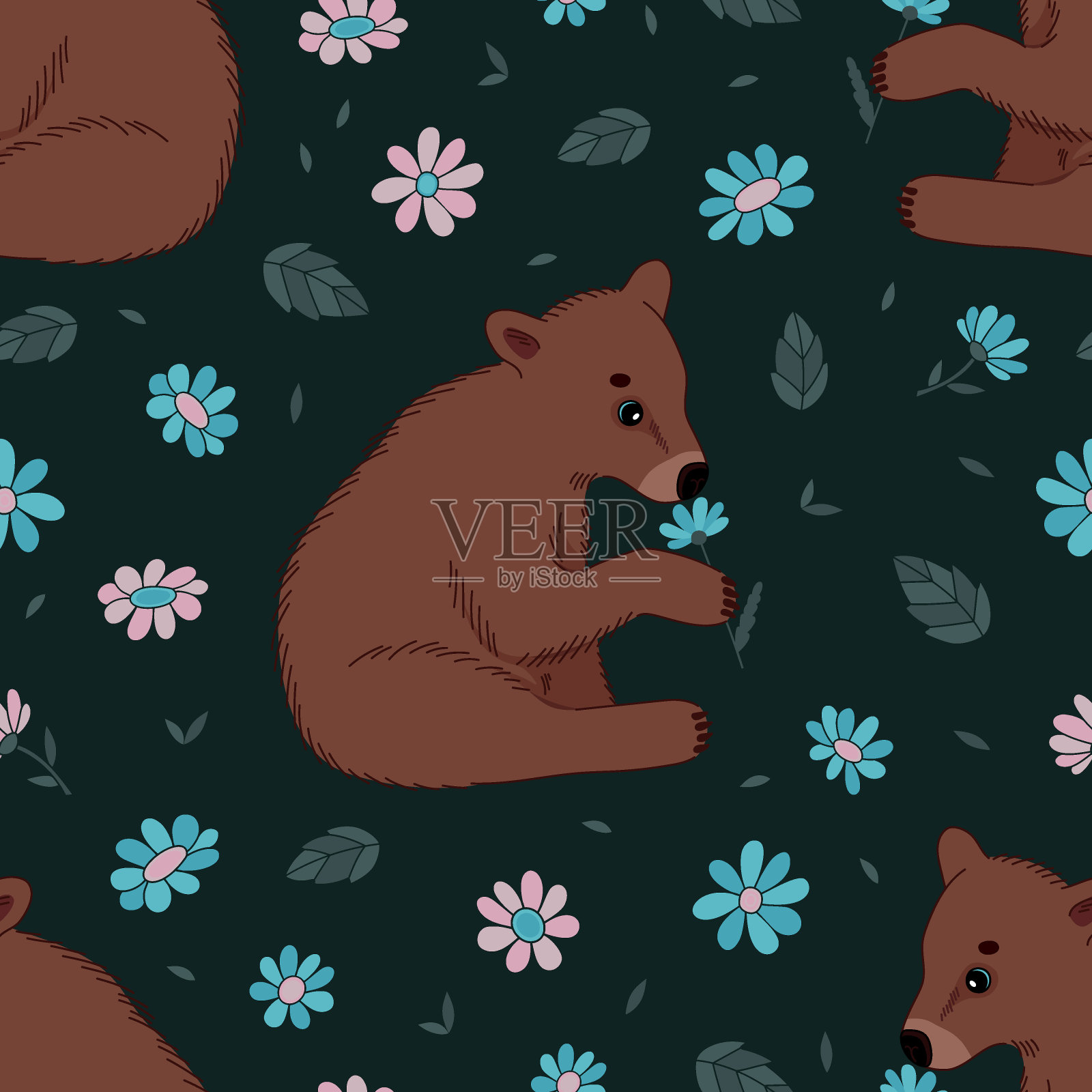 无缝图案与可爱的小花小熊。手绘彩色平面矢量插图。插画图片素材