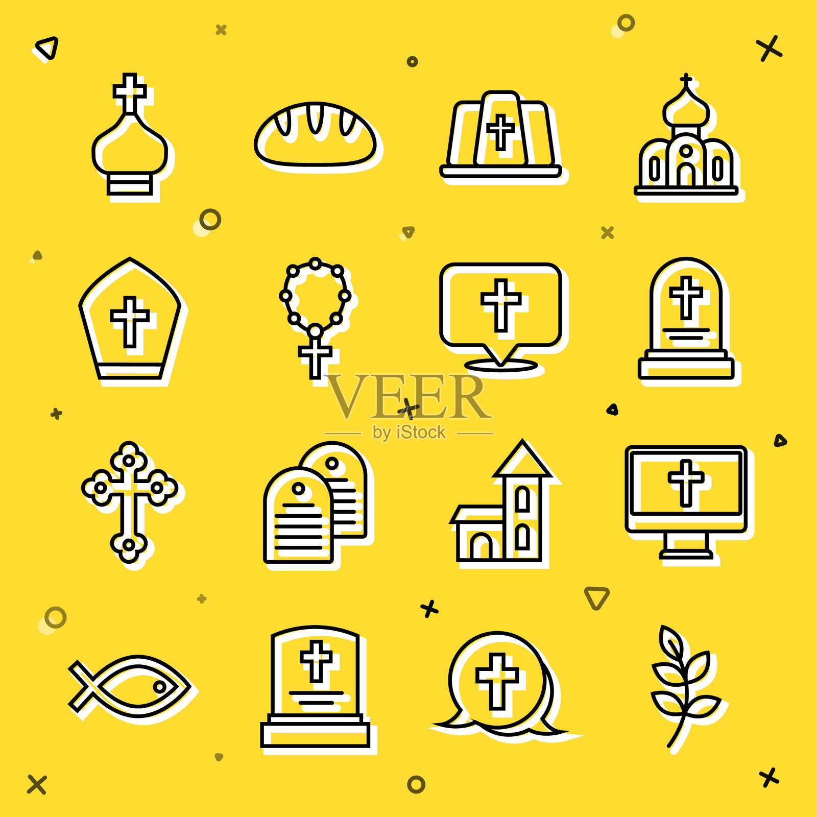 设置线柳叶，基督教十字架上的显示器，坟墓与墓碑，教皇帽子，念珠宗教，教堂塔和位置建筑图标。向量插画图片素材
