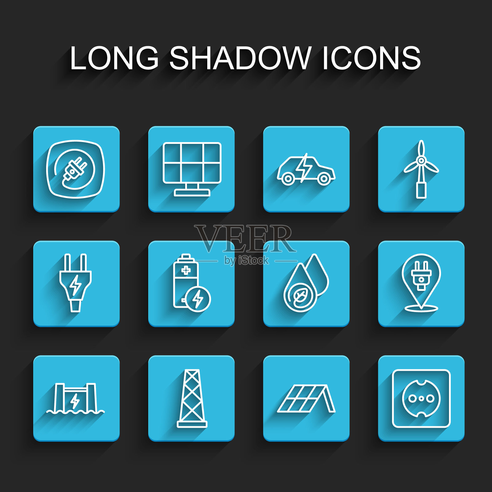 水电大坝，天线，电源插头，太阳能板，电源插座，电池和水图标。向量图标素材