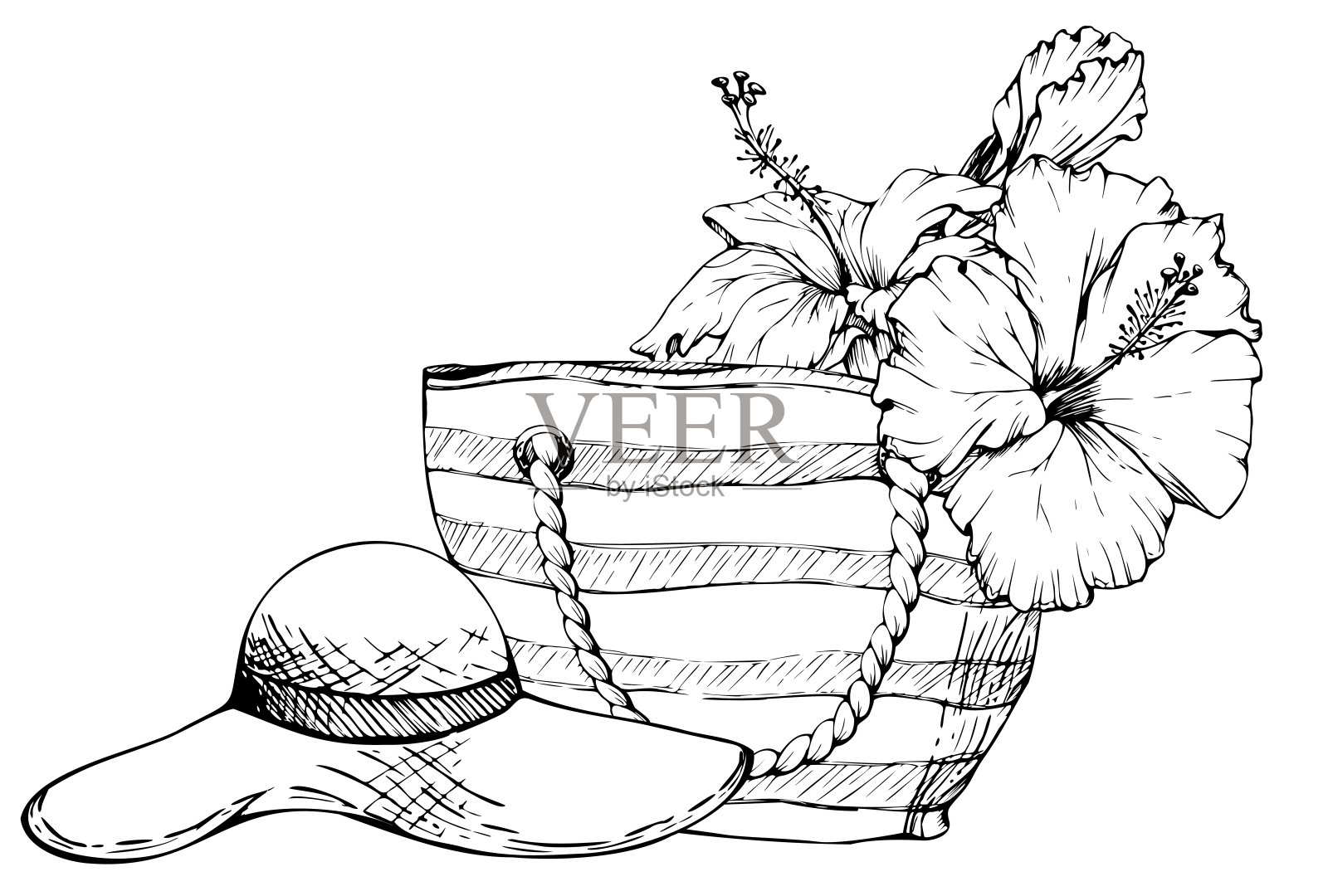 手绘矢量墨水组成。条纹沙滩包，草帽，异域芙蓉花孤立在白色的背景。设计墙艺、婚庆、印花、布艺、封面、名片、旅游、旅游宣传册。插画图片素材