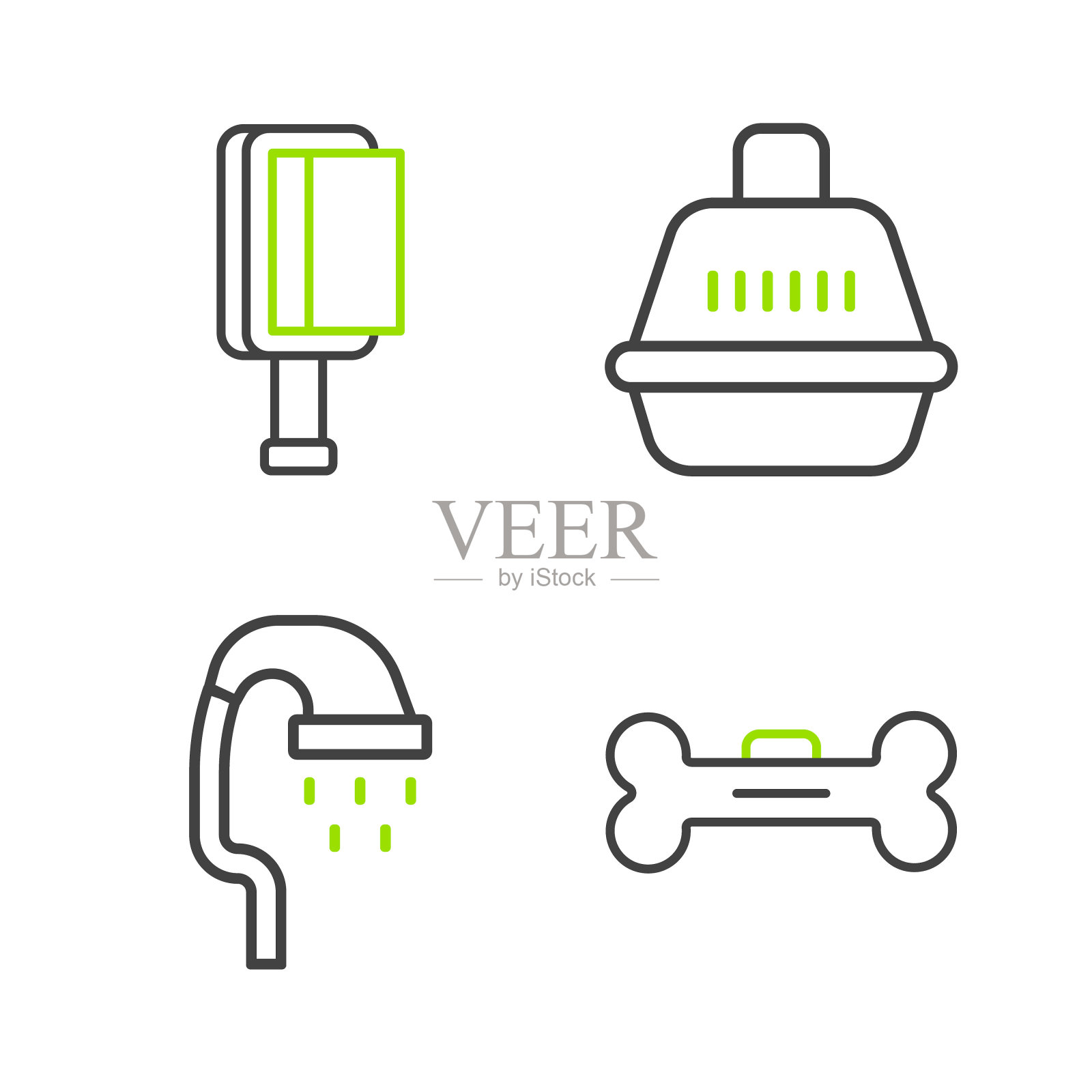 设置线狗骨头，宠物淋浴，手提箱和毛刷的狗和猫的图标。向量图标素材