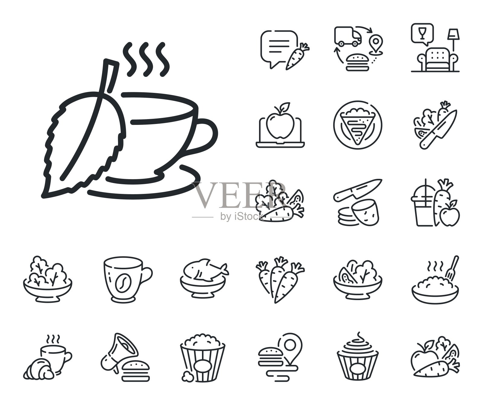 薄荷茶系列图标。新鲜草药饮料标志。可丽饼、甜爆米花和沙拉。向量插画图片素材