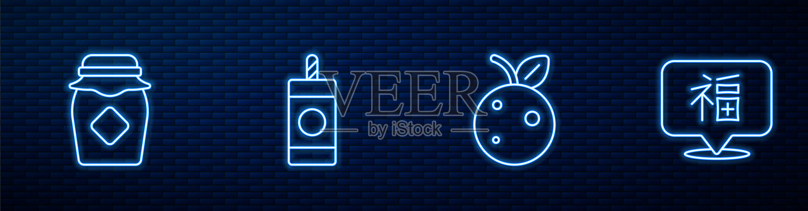 设定线桃果或油桃，蜂蜜罐，烟花和中国新年。砖墙上发光的霓虹灯图标。向量图标素材