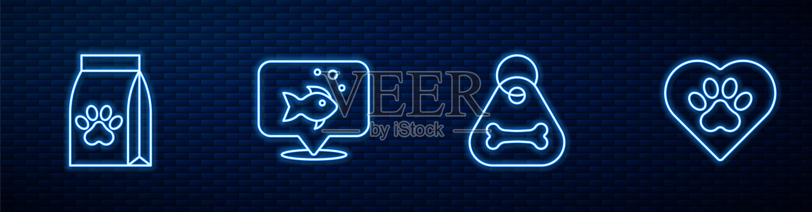 带骨头的狗项圈，宠物食品袋，鱼和心脏动物足迹。砖墙上发光的霓虹灯图标。向量插画图片素材