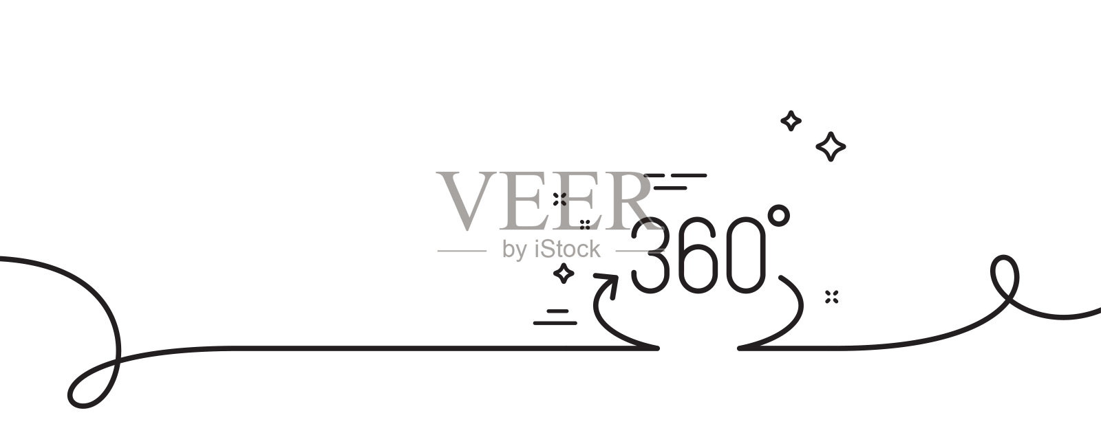 360度直线图标。全旋转符号。VR技术仿真。带旋度的连续线。向量插画图片素材