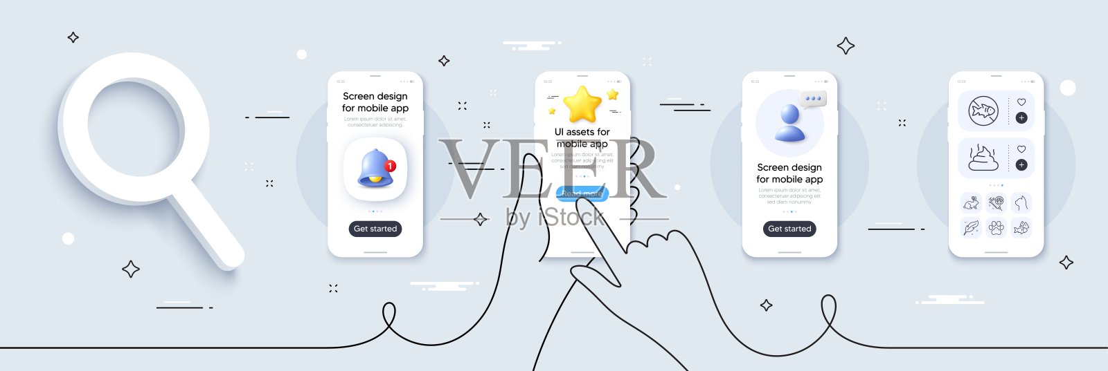 粪便，鱼和宠物护理线图标包。用于web应用程序。手机屏幕模型。向量插画图片素材