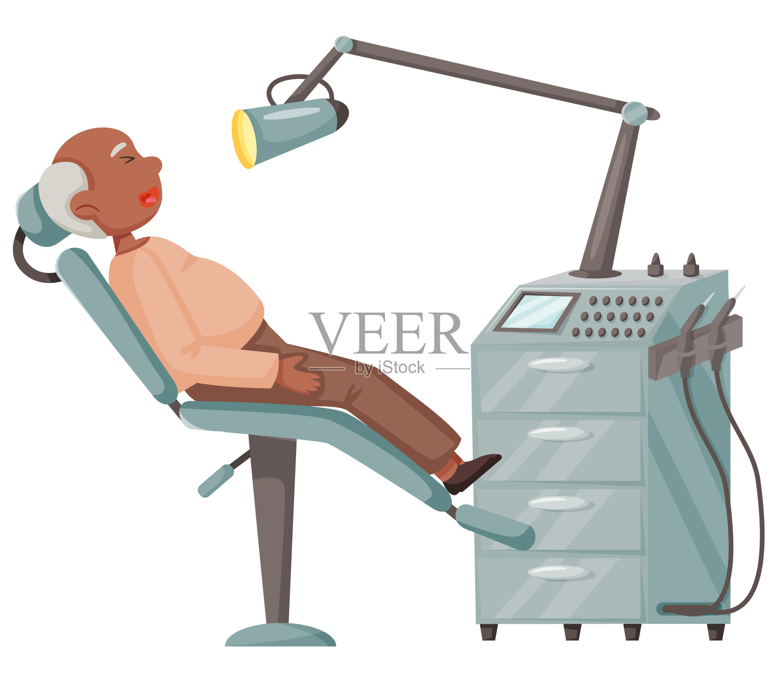 牙痛患者坐在牙医椅上，接受牙科治疗。一个人躺在牙科诊所的椅子上插画图片素材