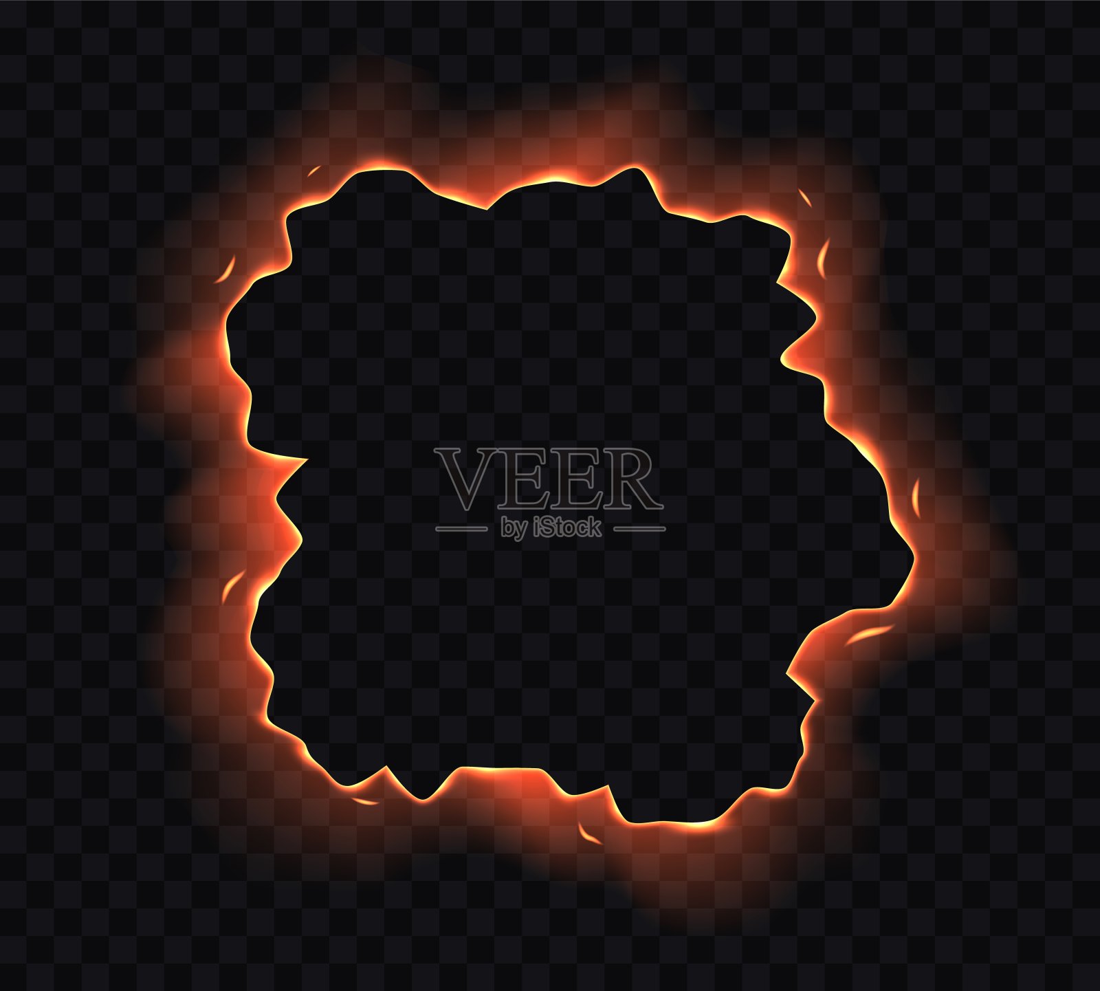 燃烧的纸孔，边缘，框架与火火花隔离在透明的背景。插画图片素材