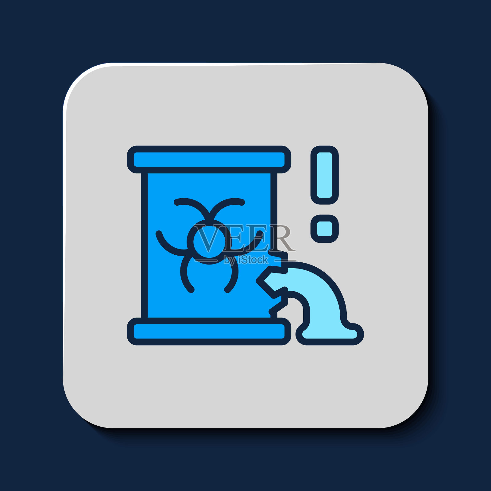 填充轮廓放射性废物在桶图标隔离在蓝色背景。泄漏了装有放射性有毒物质的桶。向量图标素材