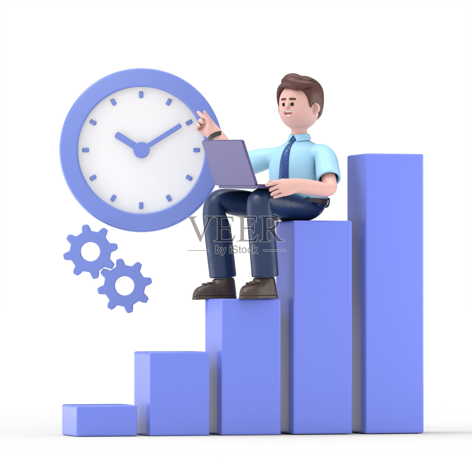 微笑的亚洲人菲利克斯走向成功的3D插图。财务增长的概念。黄色背景的3D渲染。照片摄影图片