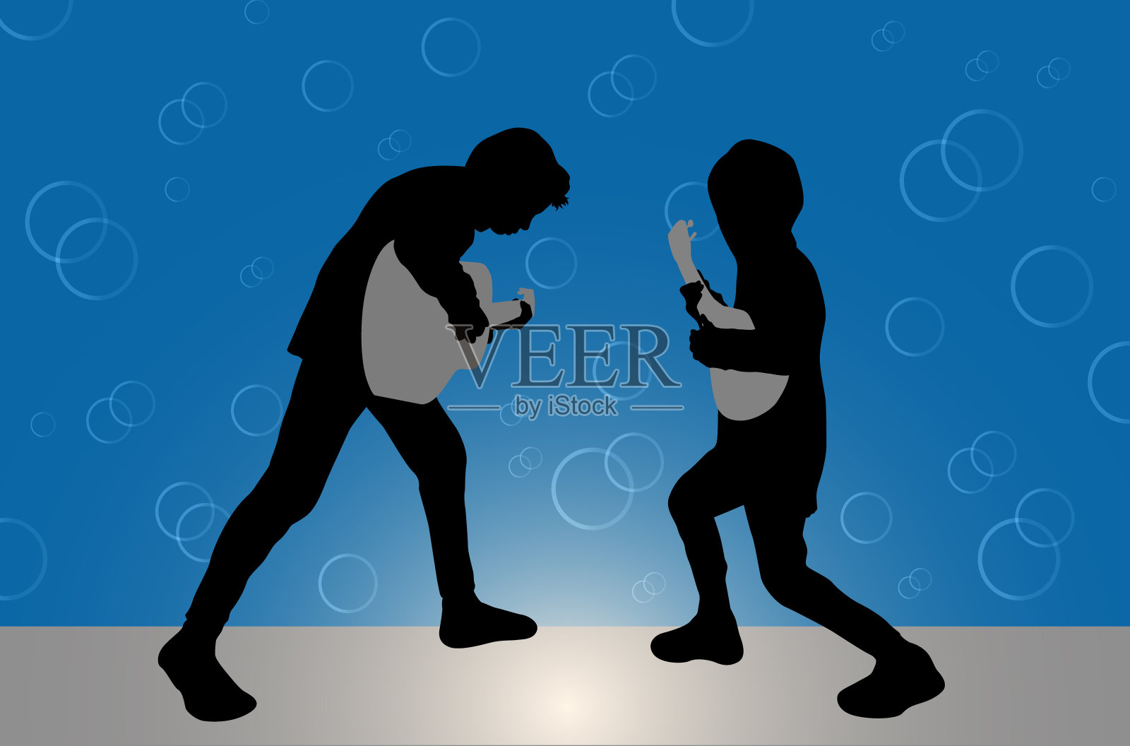 两个男孩弹吉他和尤克里里的剪影插画图片素材