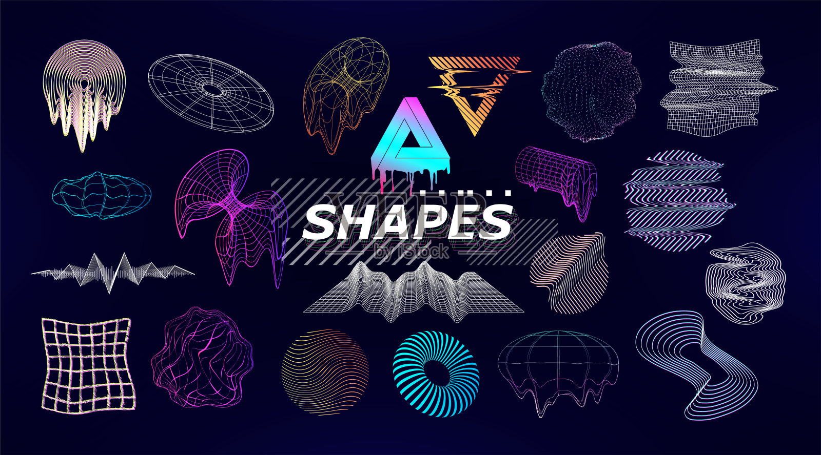 新潮复古的未来主义造型。几何元素渐变色和半色调插画图片素材