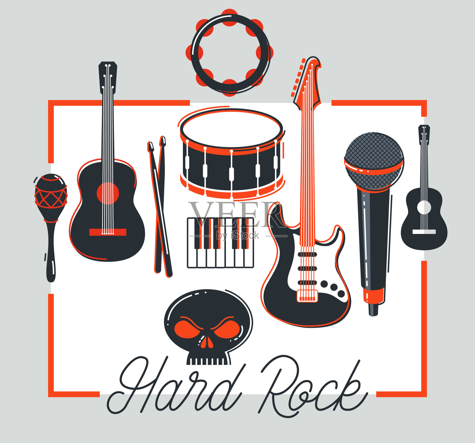 摇滚音乐乐队矢量海报平面插图隔离在白色背景，硬摇滚和重金属现场声音节或音乐会传单或广告横幅，摇滚乐队演奏。插画图片素材