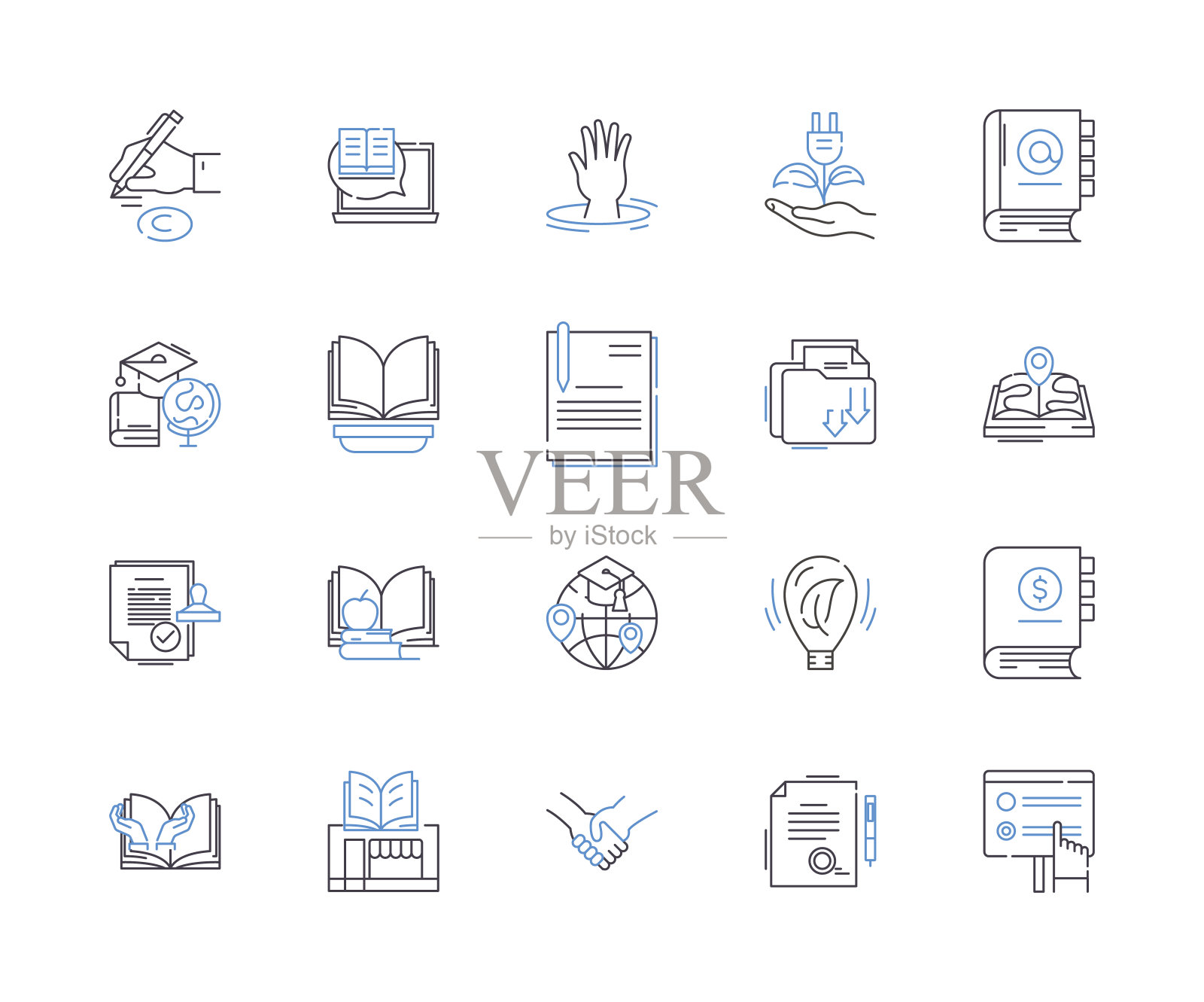 留学交流项目纲要图标收藏。交流，项目，学习，海外，全球，教育，文化矢量和插图概念集。签证，沉浸，语言线性符号图标素材