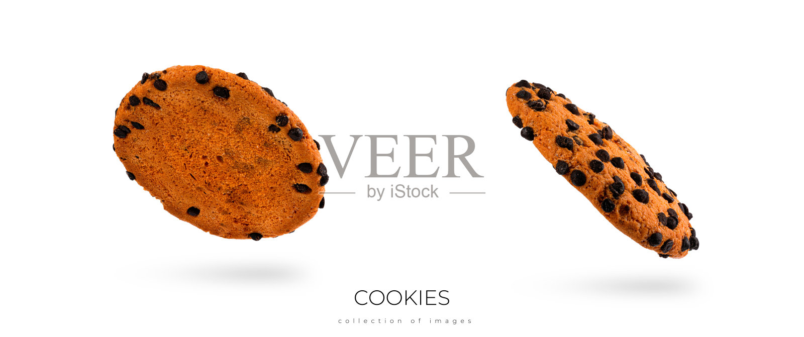 巧克力碎饼干孤立地落在白色的背景上，食物悬浮照片摄影图片