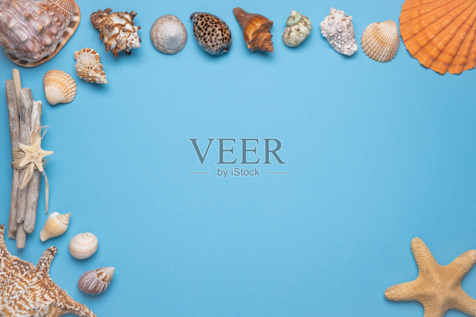 夏天平坦的躺着，框架与贝壳，浮木和海星在蓝色的背景。照片摄影图片