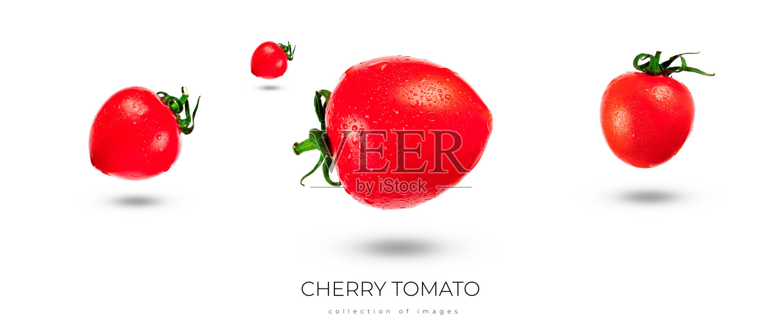 白色背景上分离的樱桃番茄。掉落的圣女果。照片摄影图片