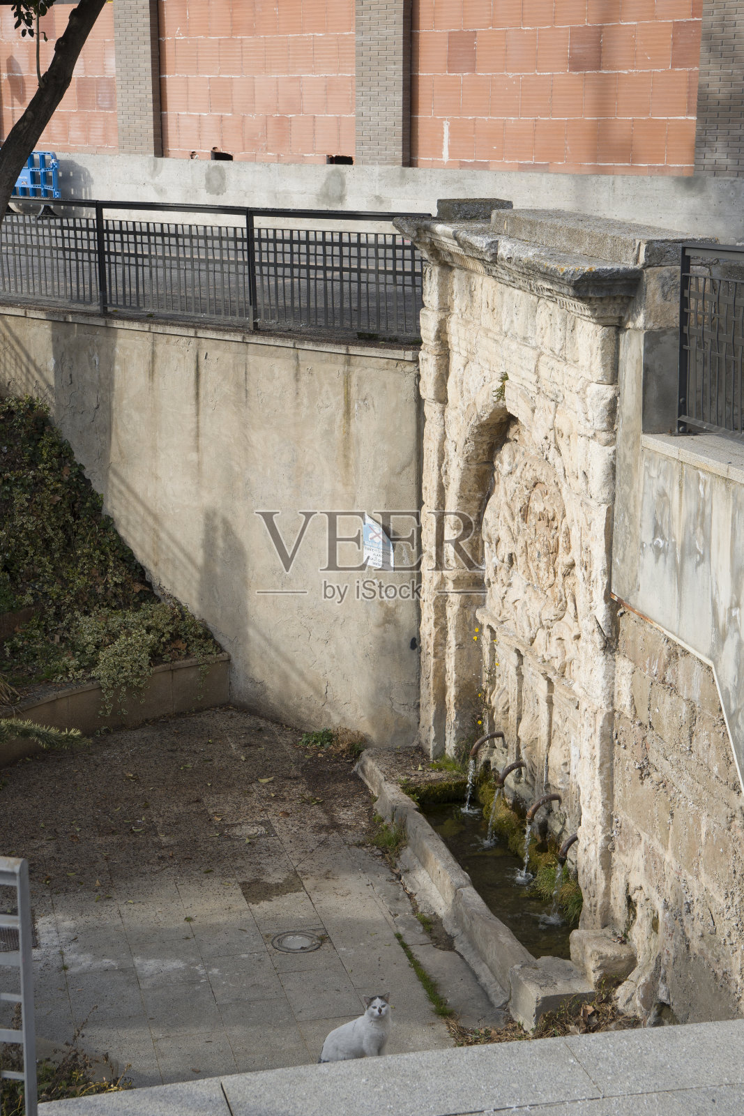 西班牙barbasstro Huesca Aragon。河边的老喷泉。照片摄影图片