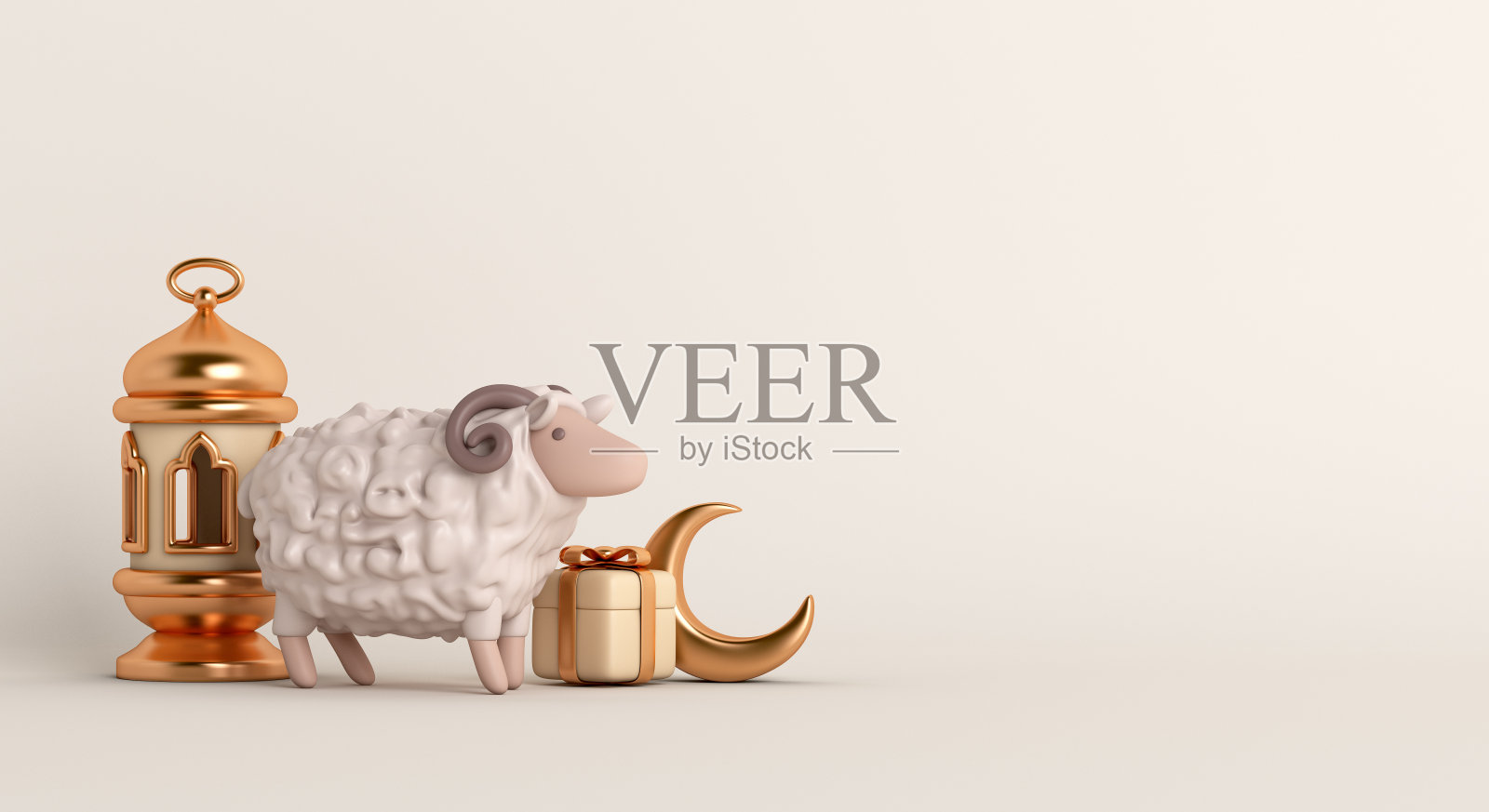 古尔邦节伊斯兰装饰背景有山羊羊，阿拉伯灯笼，新月，礼盒，斋月，斋月，斋月，开斋，开斋节，穆哈拉姆，复制空间文本区，3D插图。照片摄影图片