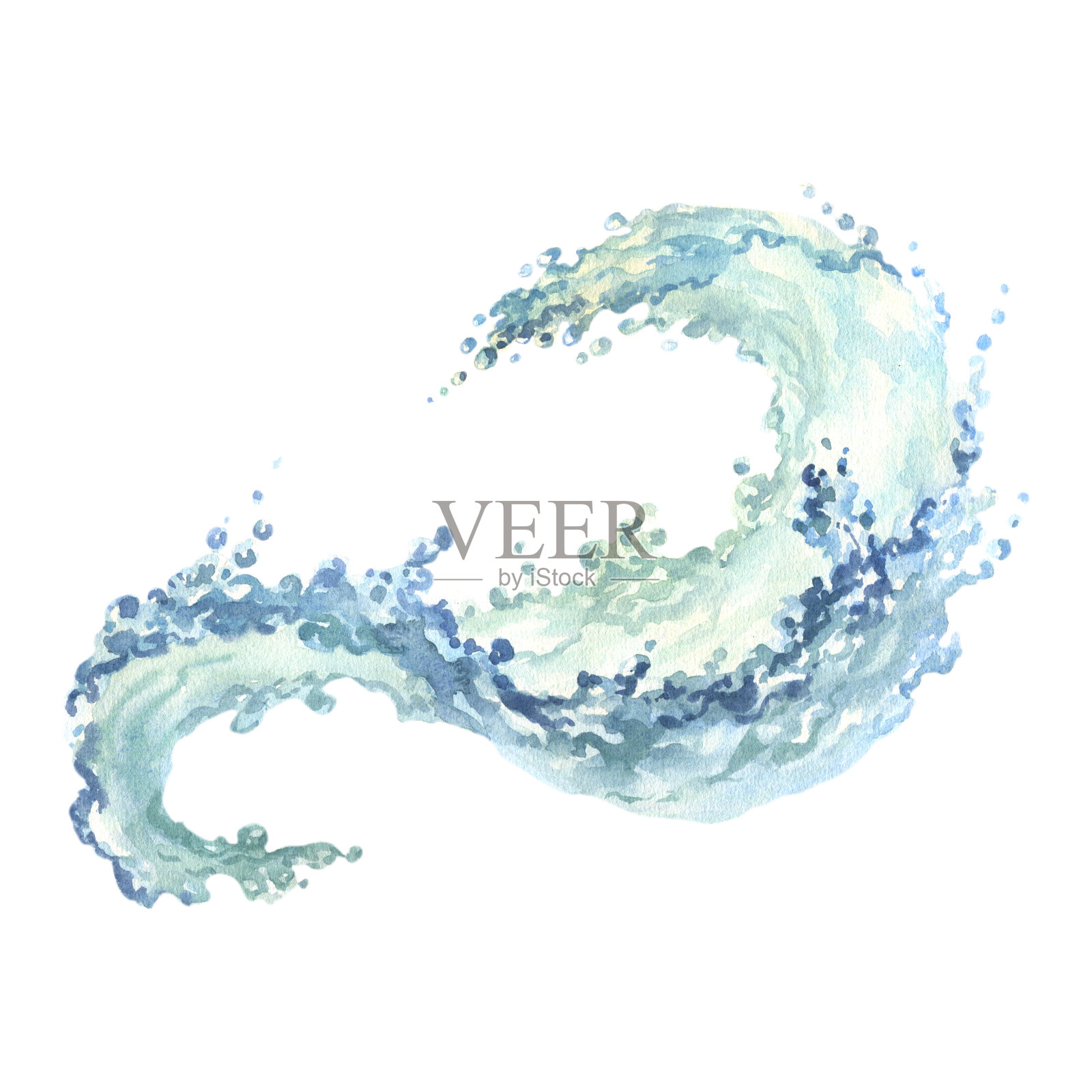 水溅孤立在白色。海浪。抽象水彩手绘插图插画图片素材