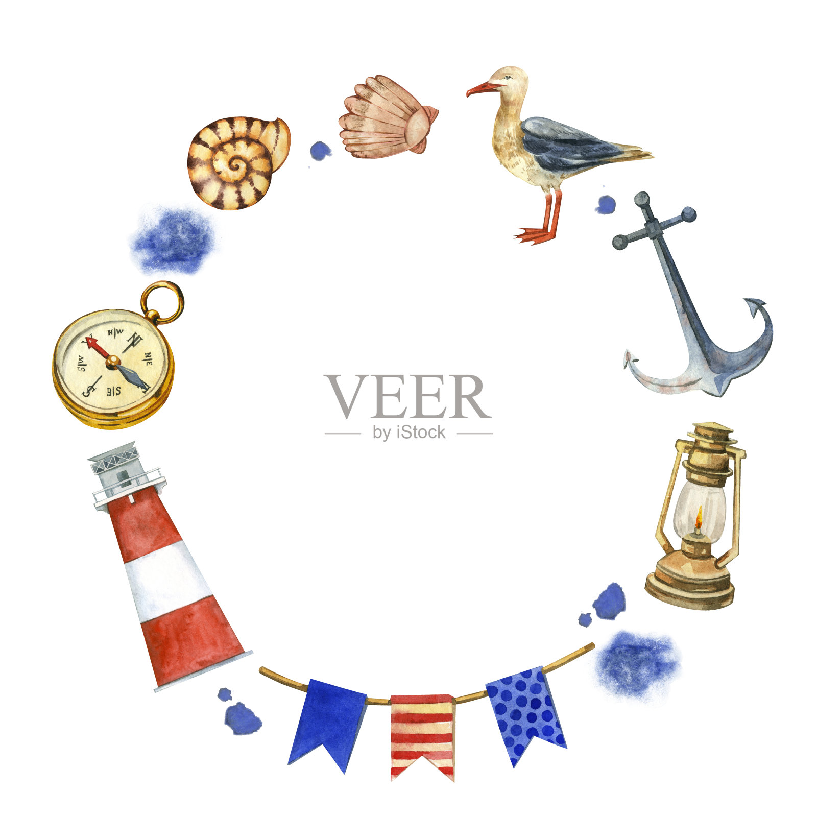 圆形框架的海洋元素灯塔，海鸥，指南针，贝壳，锚手绘水彩在白色的背景。适用于照片、明信片、婚礼请柬的设计插画图片素材