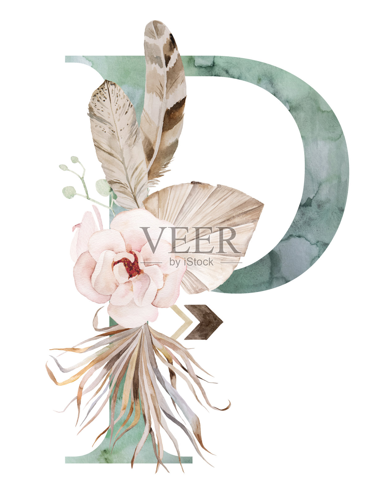 水彩绿色字母Z与干叶子和热带花卉花束，波西米亚插图插画图片素材