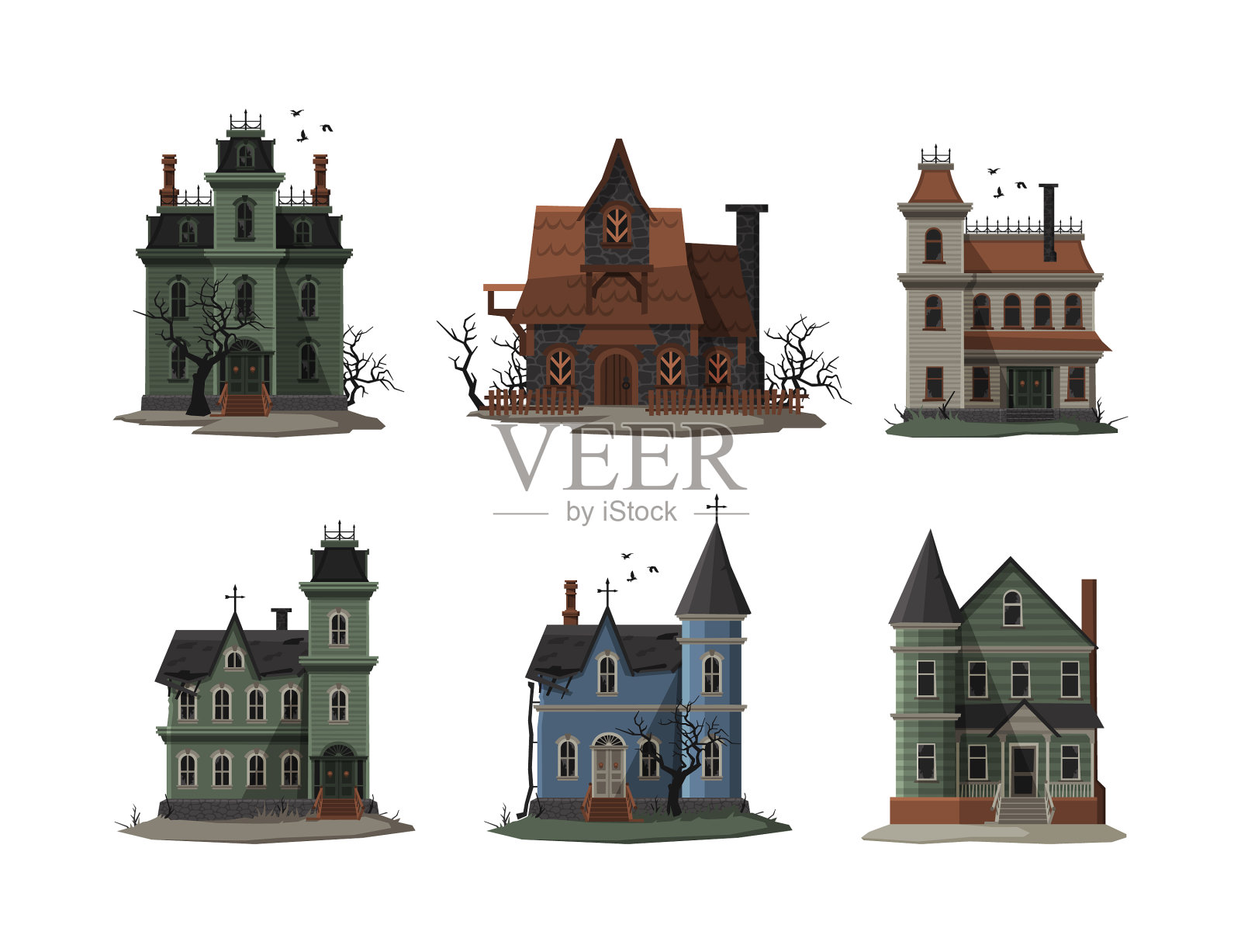 废弃的房屋立面，敞开的空窗插画图片素材