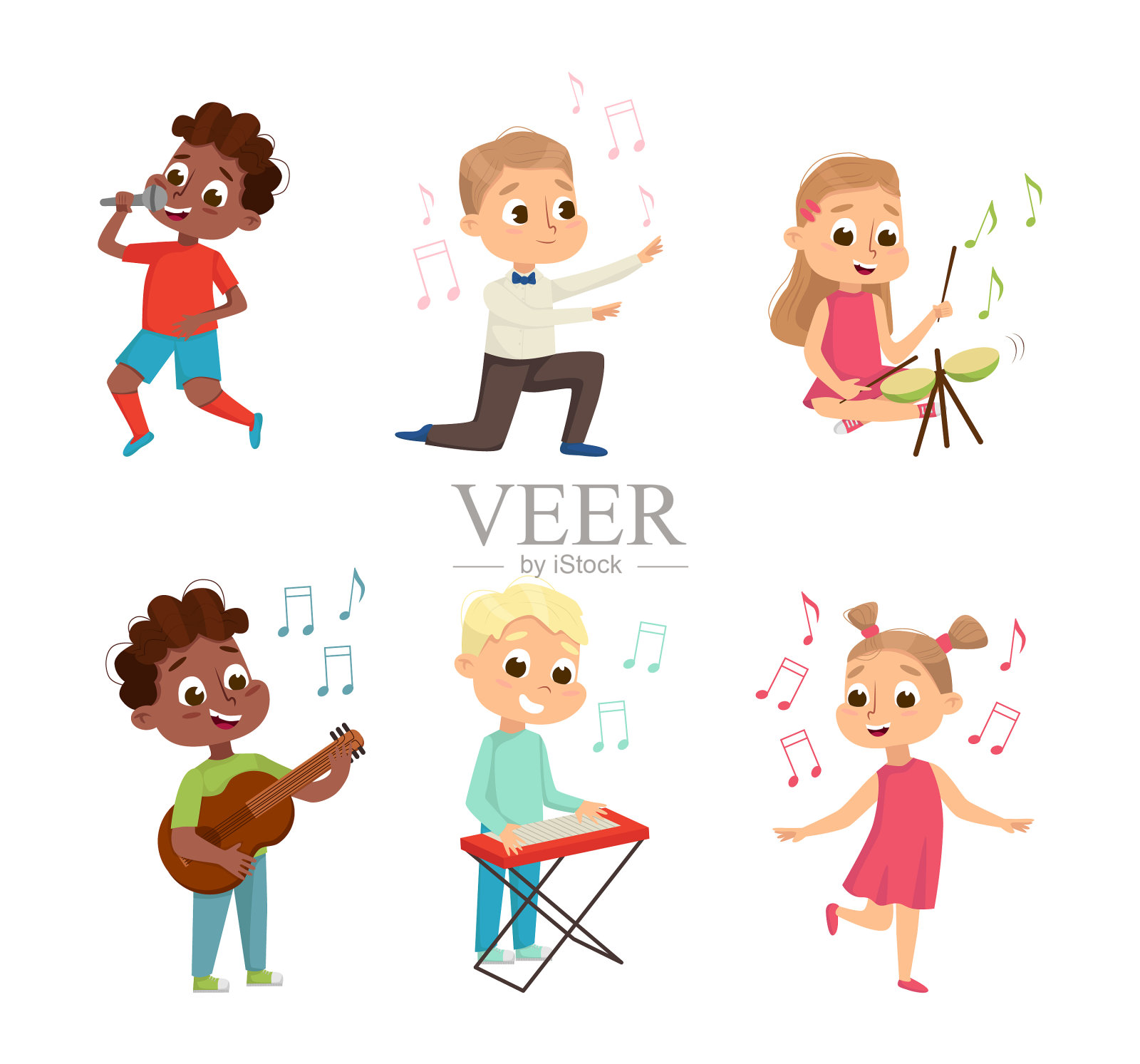 有趣的男孩和女孩演奏乐器插画图片素材