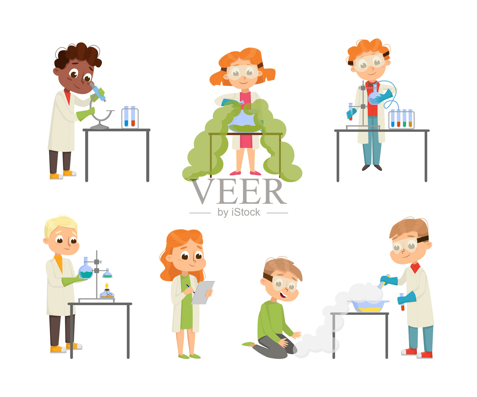 有趣的男孩和女孩在实验室做外套插画图片素材