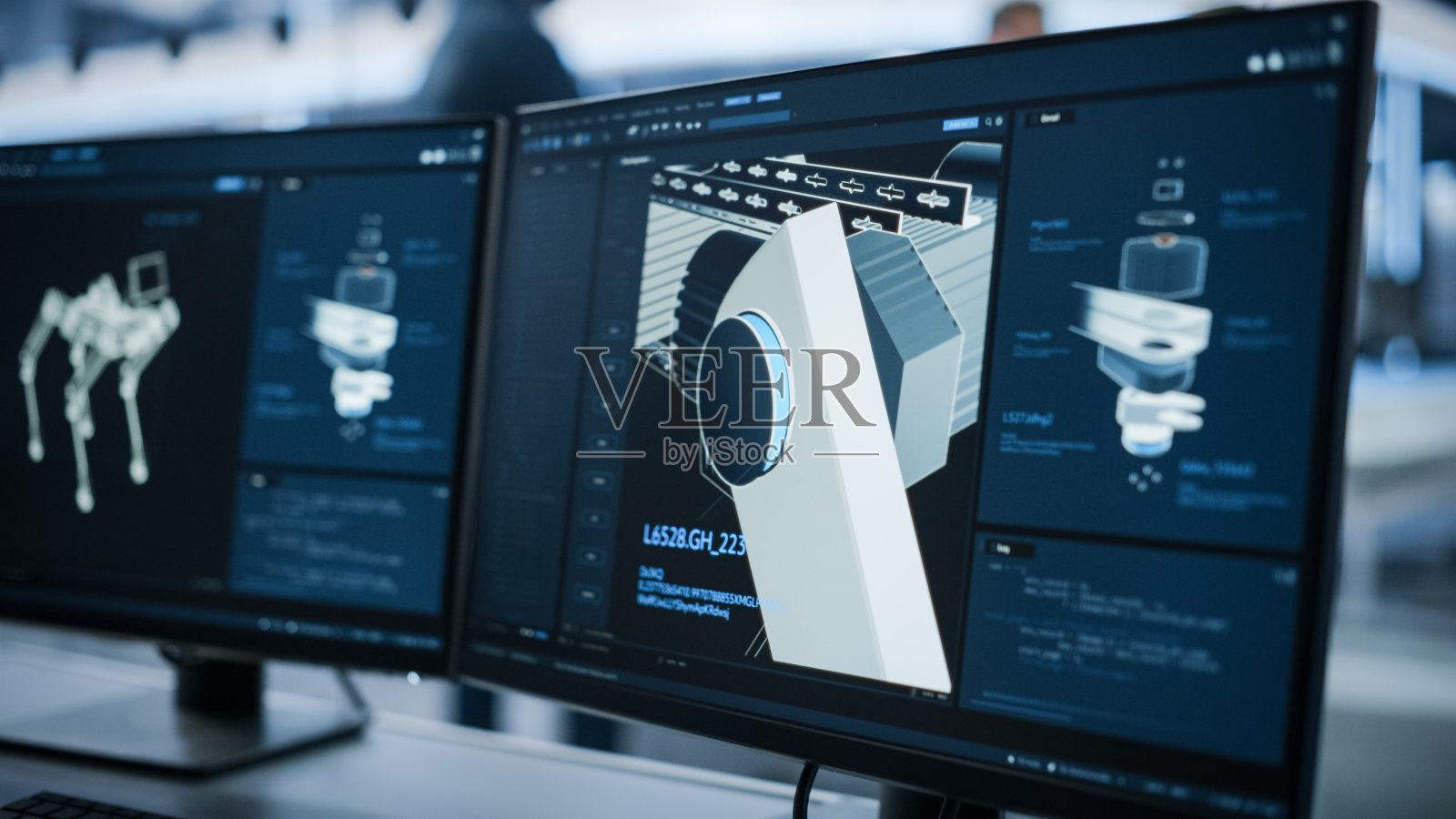 高机动性机器狗项目用三维CAD软件对计算机显示器的特写。焦点转移到研发机构，工程师们在研究机器人。照片摄影图片