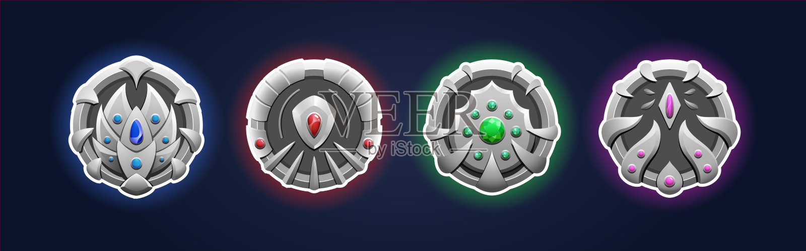 银色圆形盾徽镶嵌宝石。家族的盾牌。团队的象征。插画图片素材