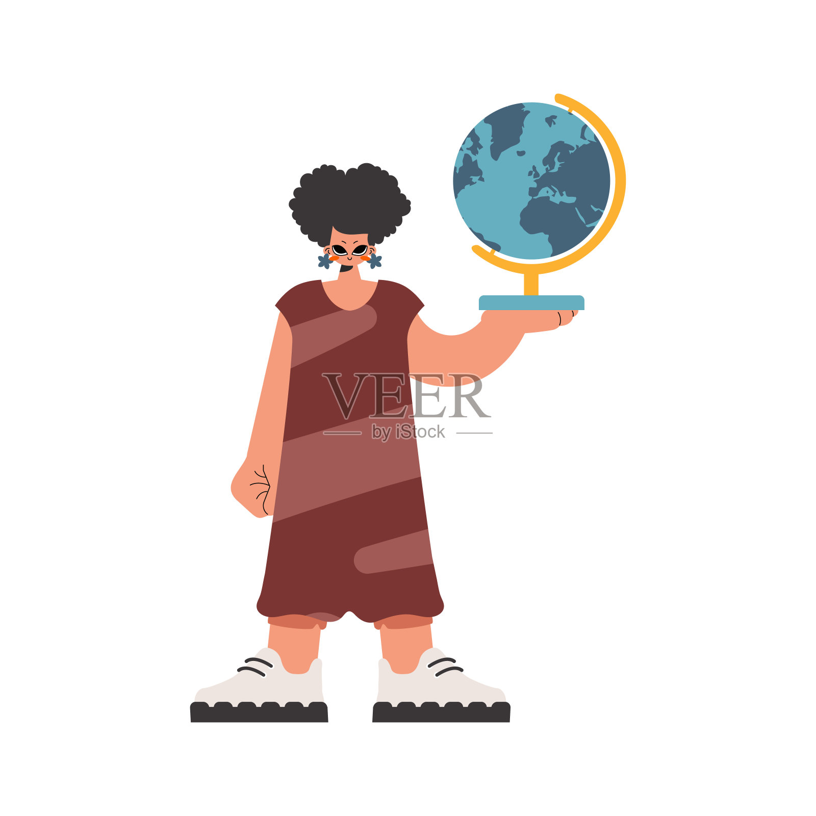 精力充沛的女士手里拿着地球仪，涂着白色粉底。时尚的风格，矢量插图插画图片素材