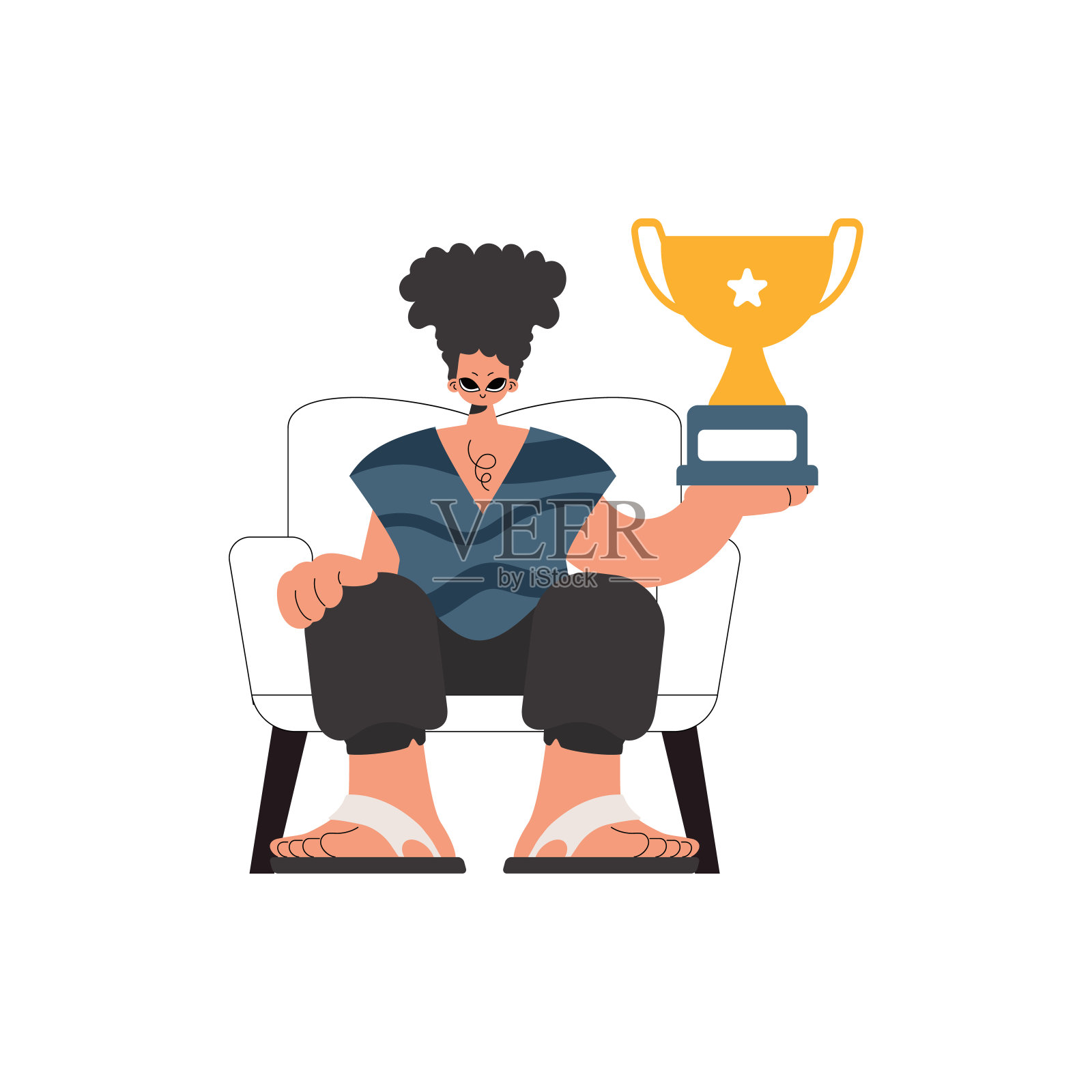 这个人手里拿着胜利者的酒杯，被一个白色的底座强迫着。时尚的风格，矢量插图插画图片素材