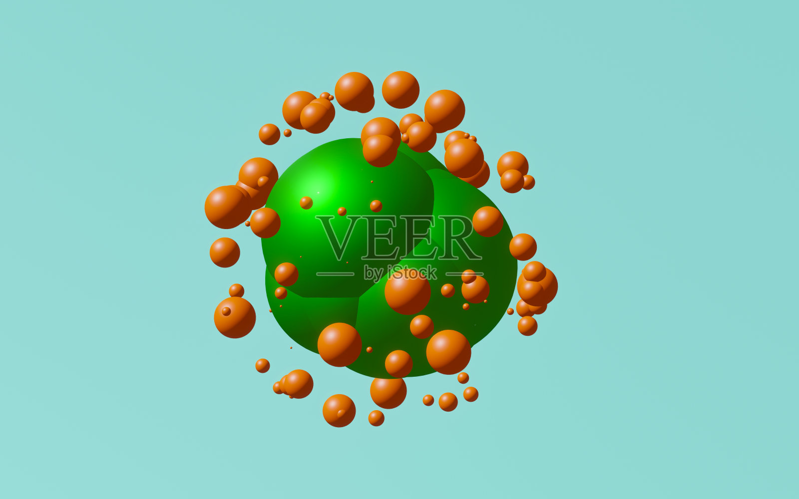 小的橙色细胞簇拥在绿色细胞中照片摄影图片