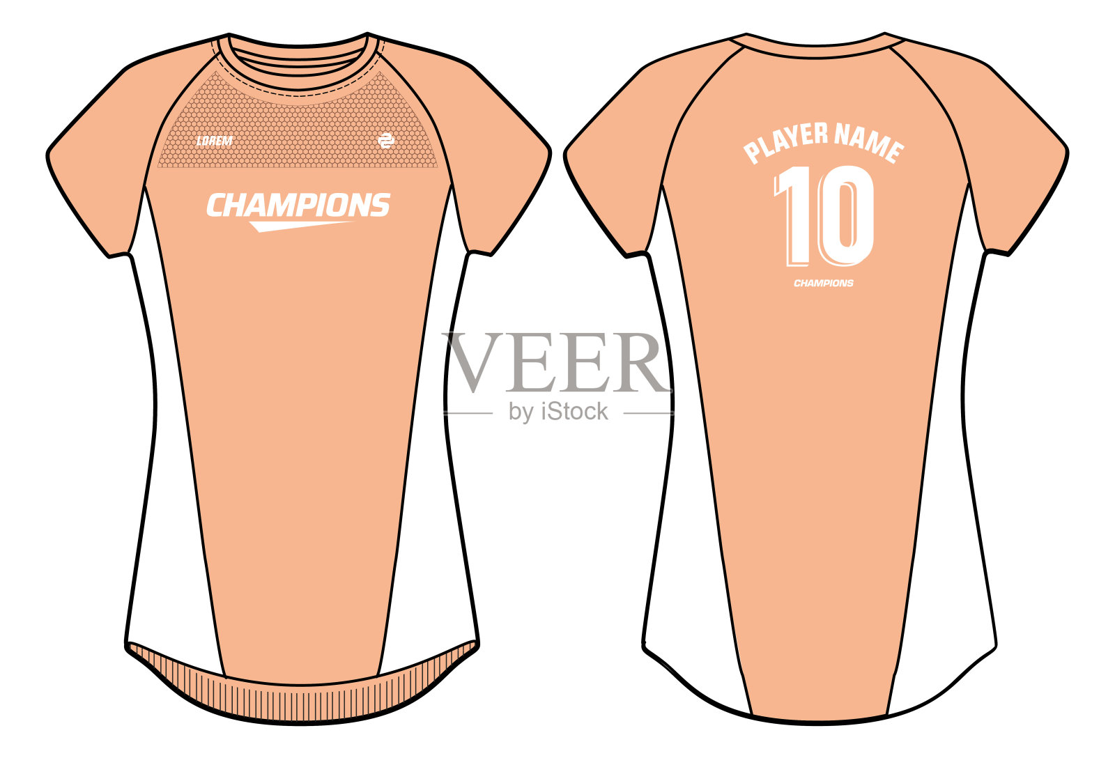 女子运动球衣t恤设计平面素描插图，活跃的圆领t恤的女孩和女子排球球衣，足球，羽毛球，足球，无板篮球。运动制服套装插画图片素材