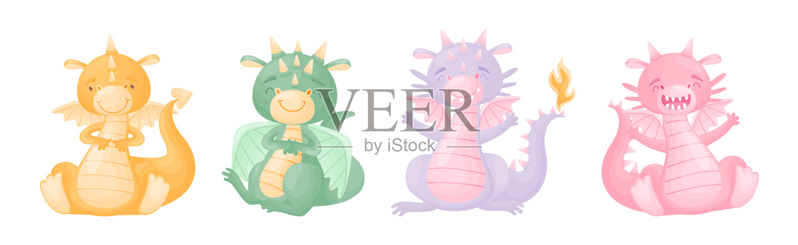 可爱的龙有角有翼，四条腿插画图片素材