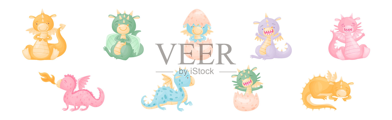 可爱的龙有角有翼，四条腿插画图片素材