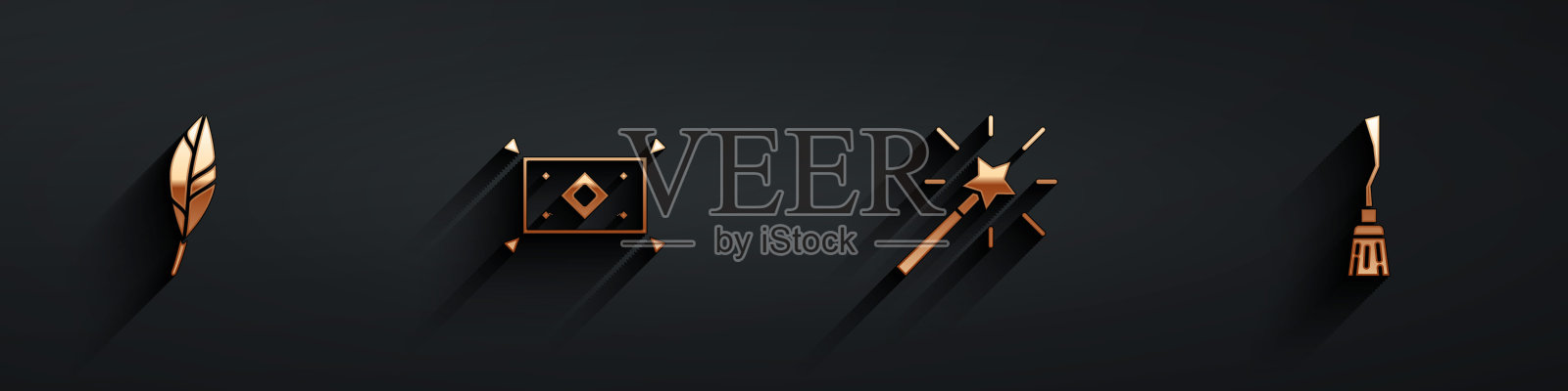 设置魔法羽毛，地毯，魔杖和女巫扫帚图标长阴影。向量插画图片素材