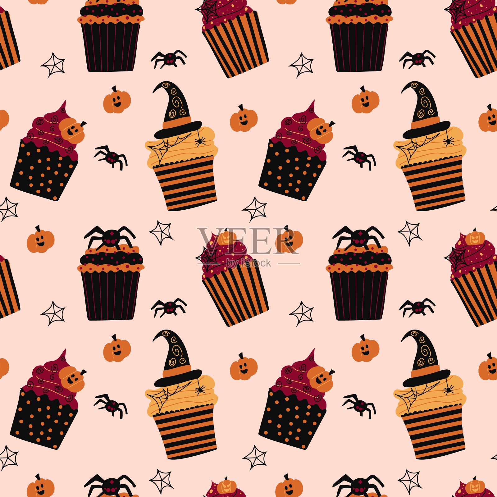 万圣节无缝图案与纸杯蛋糕，传统的符号。杏仁糖南瓜灯，巧克力乌鸦，蜘蛛网和蜘蛛，软糖的女巫帽，香草奶油，巧克力糖衣。万圣节卡片印刷插画图片素材