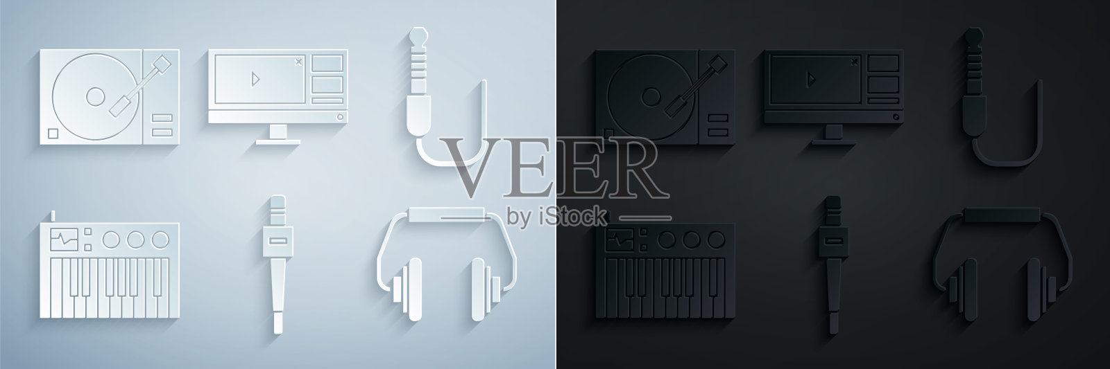 设置麦克风，音频插孔，音乐合成器，耳机，录像机或编辑软件监视器和黑胶唱片图标黑胶播放器。向量插画图片素材