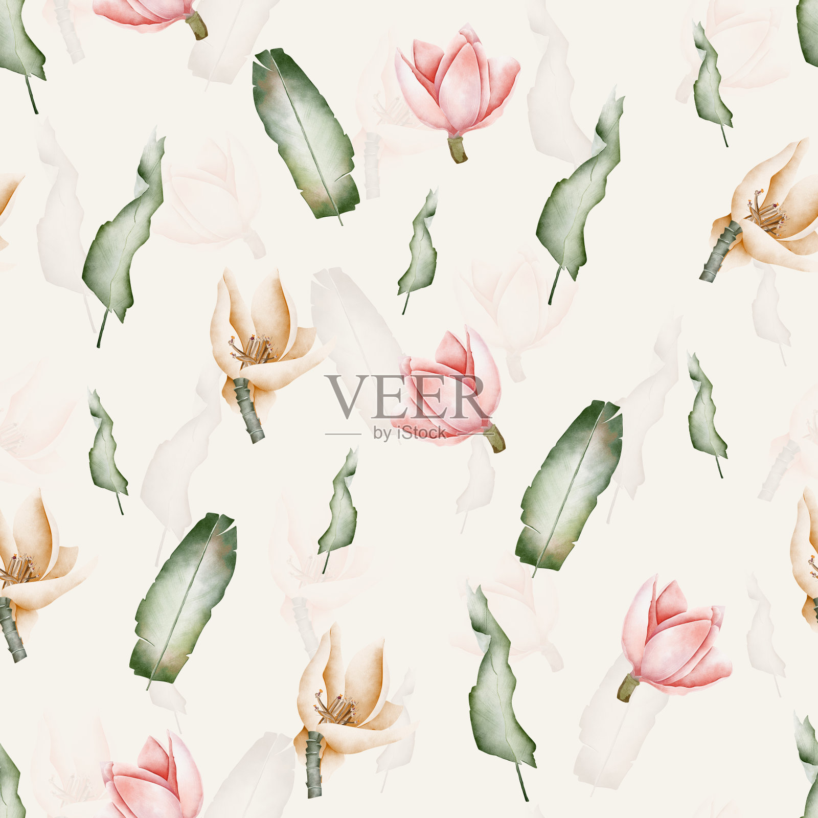 热带花朵鲜艳，树叶水彩无缝图案插画图片素材