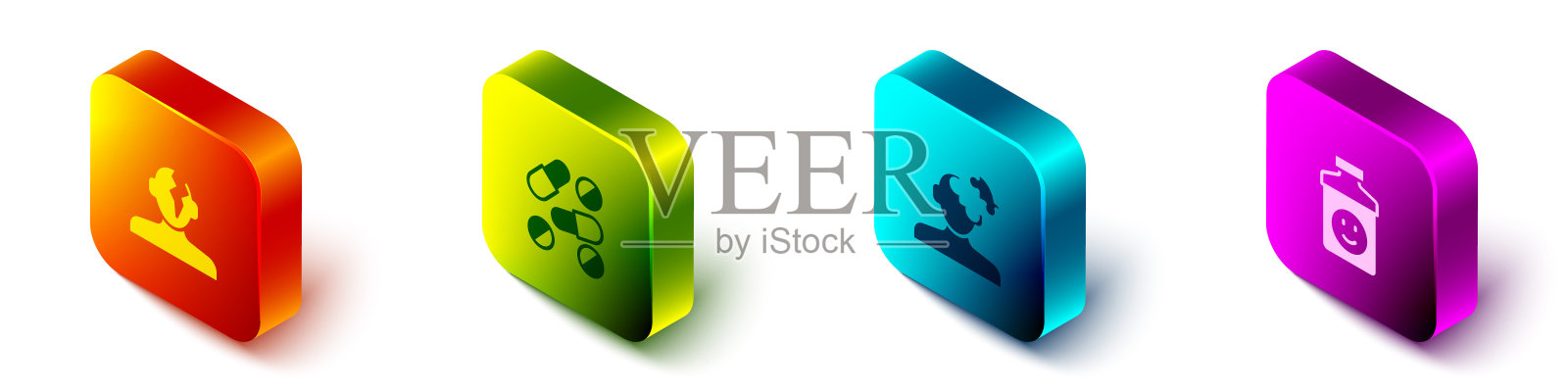 设置等距解决问题的心理学，药物药丸或片剂，和抗抑郁药的图标。向量图标素材