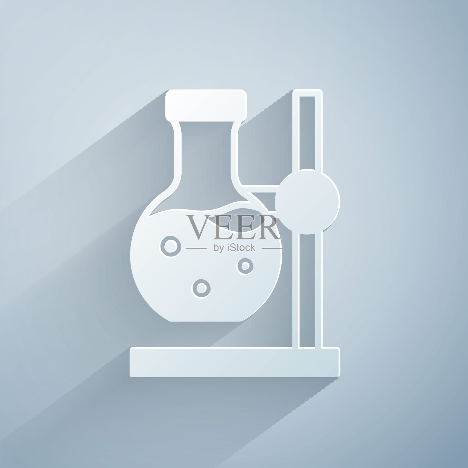 剪纸玻璃试管烧瓶上的立场图标孤立的灰色背景。实验室设备。纸艺风格。向量插画图片素材