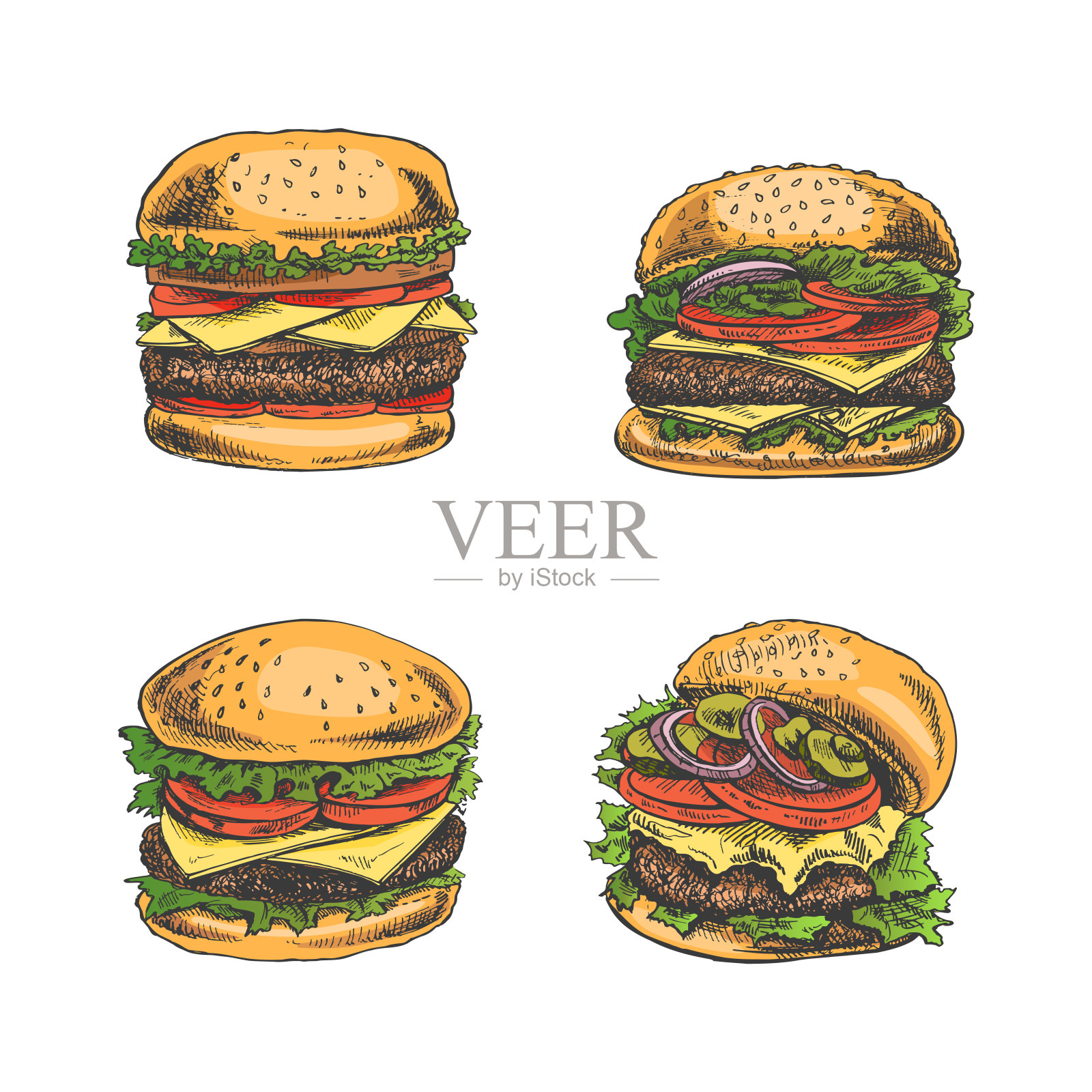 汉堡。手绘素描不同的汉堡与培根，奶酪，沙拉，西红柿，黄瓜等。快餐复古矢量插图收集孤立的白色背景。伟大的菜单，海报或餐厅背景。插画图片素材