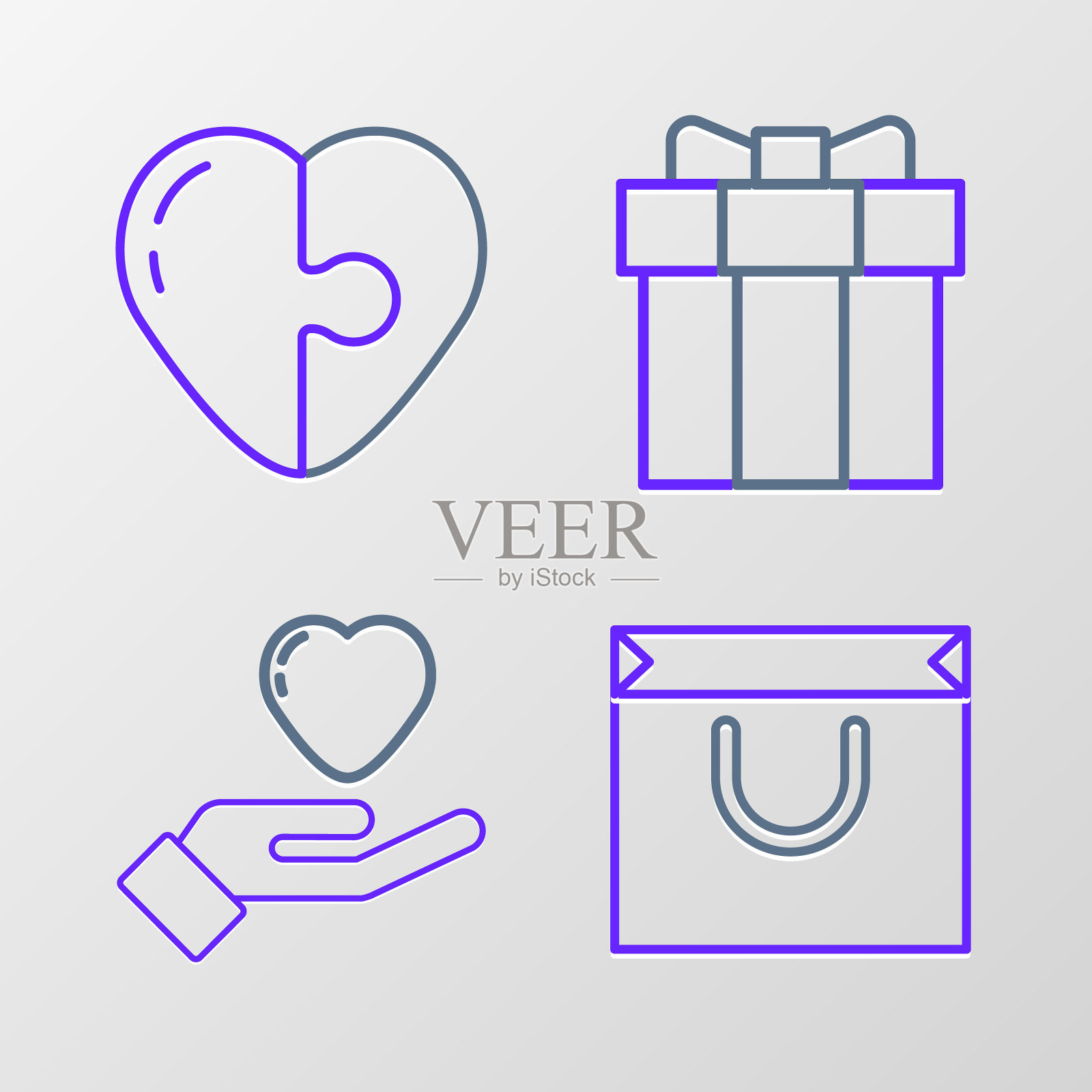 集线购物袋，心手，礼盒和图标。向量图标素材