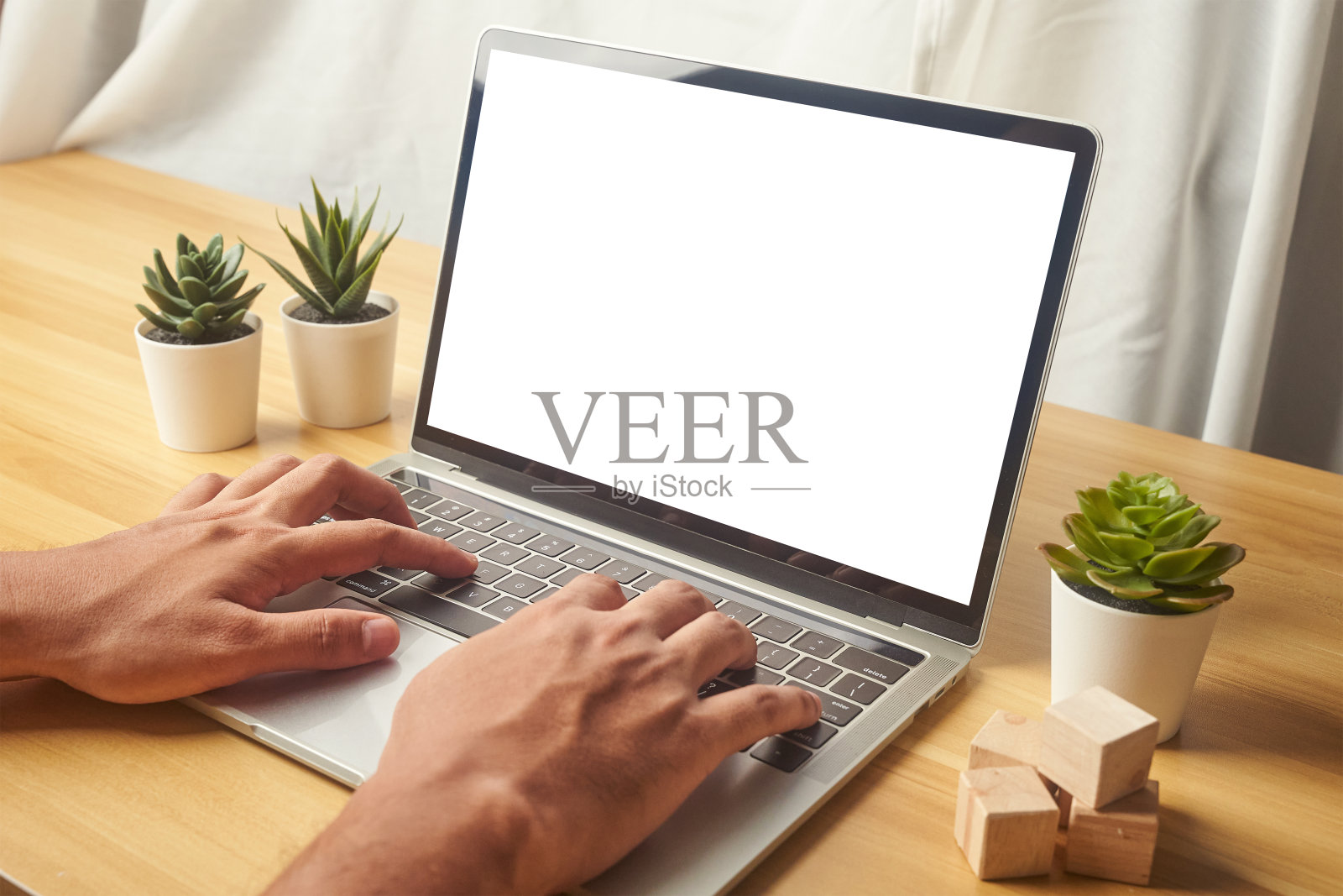 概念模型商人使用笔记本电脑在桌子上与木堆栈块和植物背景照片摄影图片