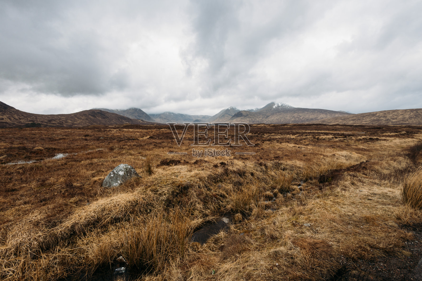 英国苏格兰格伦科高地山谷上的西高地大道全景。照片摄影图片
