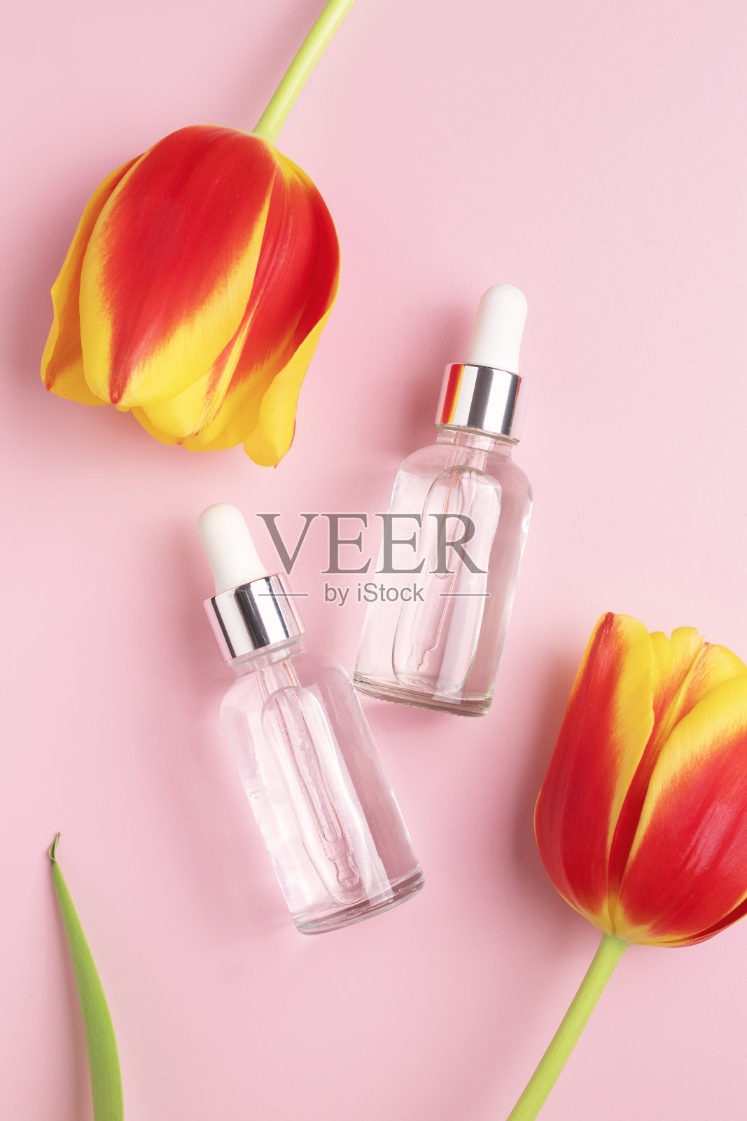 用琥珀色玻璃和粉红色背景上的郁金香制成的化妆品瓶子。天然有机化妆品的概念。草药顺势疗法产品照片摄影图片